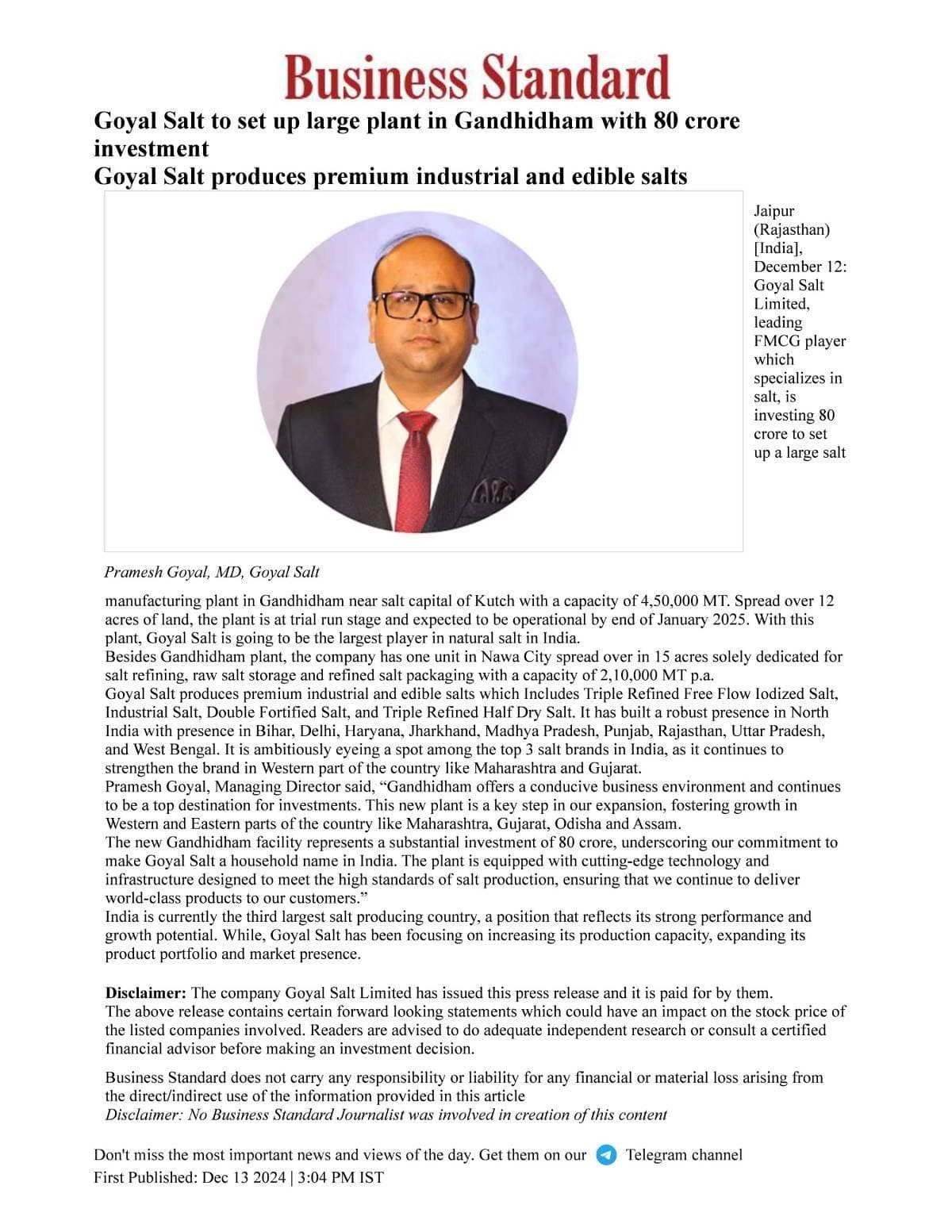 Goyal Salt Corporate Achievement